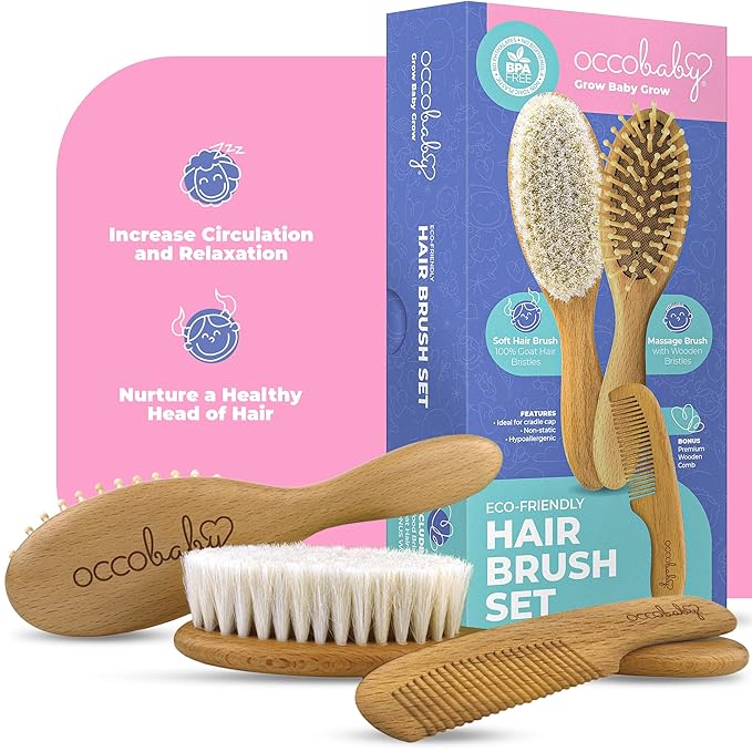 Premium Wooden Baby Hair Brush and Comb Set - Gentle Goat Hair Bristle Brush for Cradle Cap - Ideal Baby Brush Set for Newborns and Toddler Comb