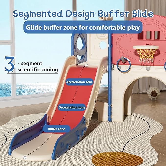 10 in 1 Toddler Slide for Toddlers Age 1-3, Extra-Long Slide with Basketball Hoop Indoor and Outdoor Baby Climber Playset Playground Freestanding Slide (Large