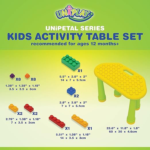 UNiPLAY Indoor/Outdoor Toddler Activity Table Set with 25 Piece Building Blocks, Kids Play Table for Building Blocks Toy