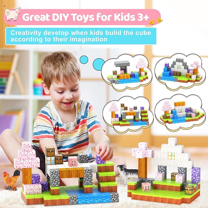 Magnetic Blocks 110PCS with 6 Animal Toys, Building Blocks Set, Toys for Boys & Girls Age 4-6,6-8, STEM Montessori Stacking Building Toys for Toddlers Kids 3+(Cherry & Animal)