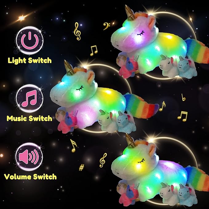 Hopearl LED Musical Stuffed Unicorn Playset Lighting Up Singing Plush Toy Mommy Unicorn with 3 Baby Unicorns in her Tummy Adjustable Volume Lullaby Animated Soothe Gifts for Kids Girls, White 19''