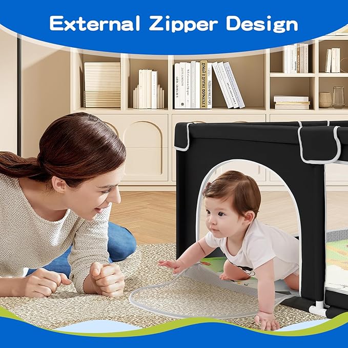 Suposeu Large Baby Playpen with Mat, Portable Baby Fence Area with Gate, Toddlers and Pets Play Yard with Non-Slip Mat, Safety Fence for Indoor and Outdoor Use(71x59 Inches, Black)