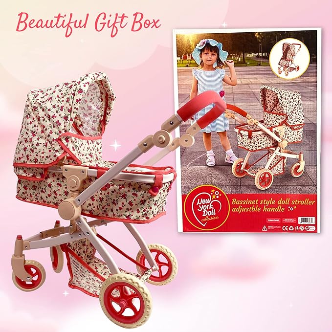 Convertible Combo Baby Doll Stroller for 3 Year Old Girls & Up | Play Toy Baby Stroller for Dolls, Folding Adjustable Bassinet Carriage Buggy with Storage Basket Converts to Sit Up Pushcart Pram