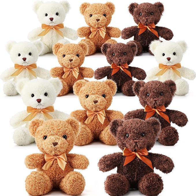 HyDren 12 Pcs Bear Stuffed Animal 12 Inch Bulk Soft Plush Bear Toys with Ribbon Bow Ties Fluffy Bears for Birthday Gift Baby Shower Graduation Wedding Party Favors(Light Brown, Dark Brown