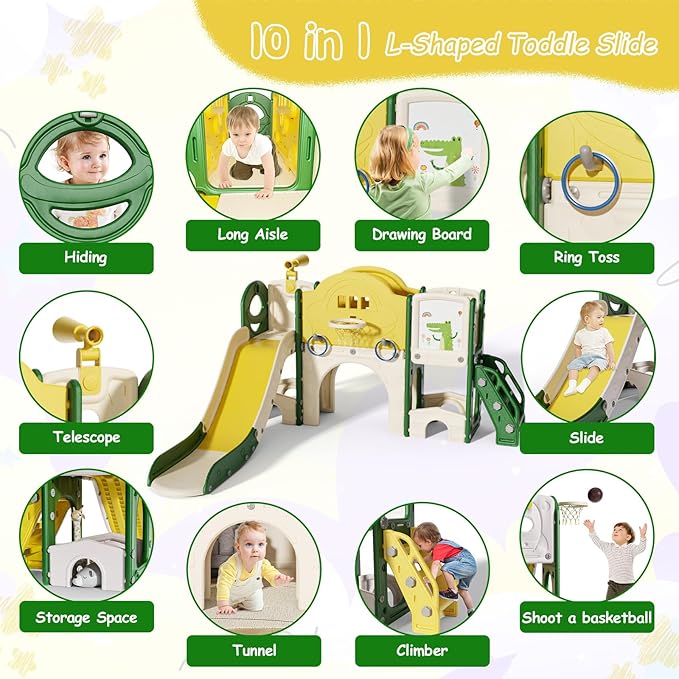 10 in 1 Toddler Slide for Toddlers Age 1-3, Extra-Long Slide with Basketball Hoop Indoor and Outdoor Baby Climber Playset Playground Freestanding Slide (Large