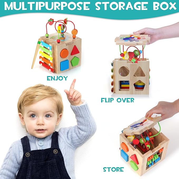 HELLOWOOD Wooden Activity Cube, 8-in-1 Montessori Toys for 1+ Year Old Boys & Girls 1-2, First