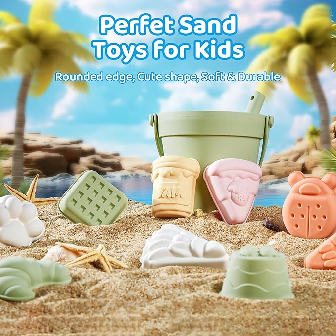 ISSEVE 23Pcs Beach Toys Set for Kids Toddlers Girls, Silicone Sand Toys Include Sand Bucket 12 Sand 3-12 (Tender