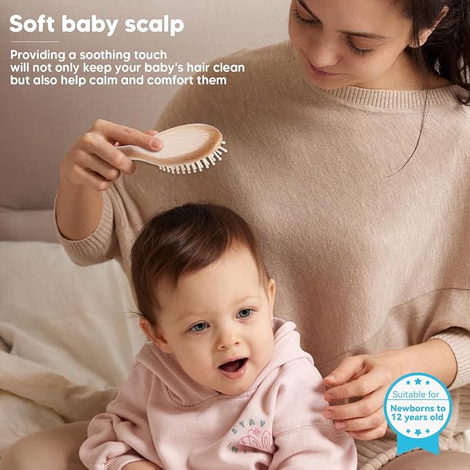 Baby Hair Brush and Comb Set for Newborns & Toddlers - Wooden Baby Brush Set With Soft Goat Bristle and Toddler Comb, Ideal for Cradle Cap
