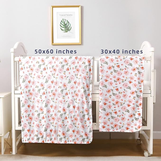 DaysU Silky Micro Soft Plush Baby Blankets for Girls with Print Floral Pattern and Soothing Raised Dots, Double Layer Bed Throws for Baby Crib 30x40 Inches