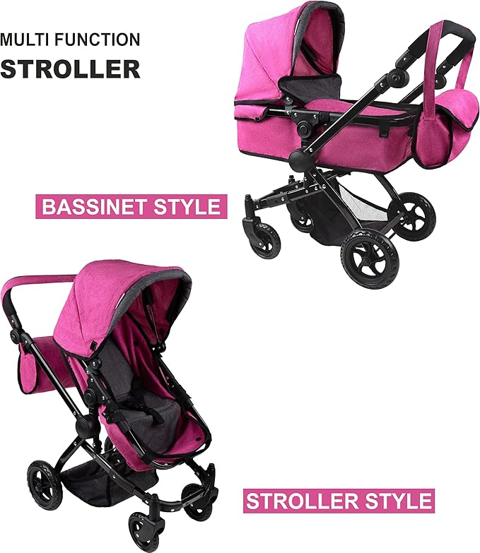 Fash n Kolor Baby Doll Stroller My First Foldable Doll Stroller in Denim Hot Pink Design, Bassinet Stroller with Baby Doll Adjustable Handle