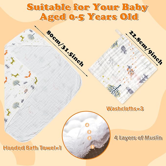 Zainpe 4Pcs Muslin Baby Hooded Towel & Washcloth Set Fox 31.5 x 31.5 in