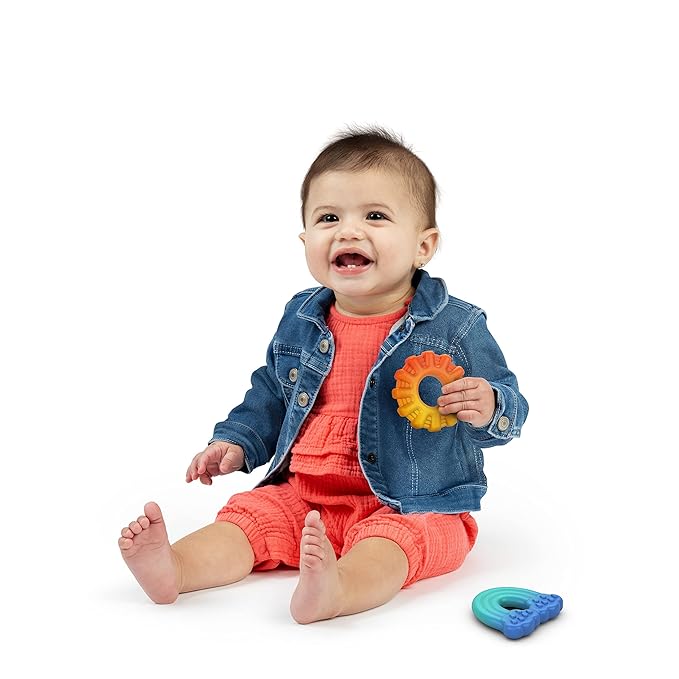 Bright Starts Chance of Smiles Silicone Teether 2-Pk, Easy-Grasp Sun and Rainbow 3 Months+