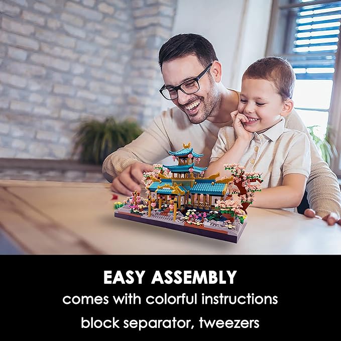 Alizdd Micro Building Blocks Set,Chinese Suzhou Garden Architecture and Cherry Blossom Bonsai Tree Building Toys for Adults,Japanese Sakura House Model,Creative Mini Bricks Gift for Kids 14+,2350 pcs