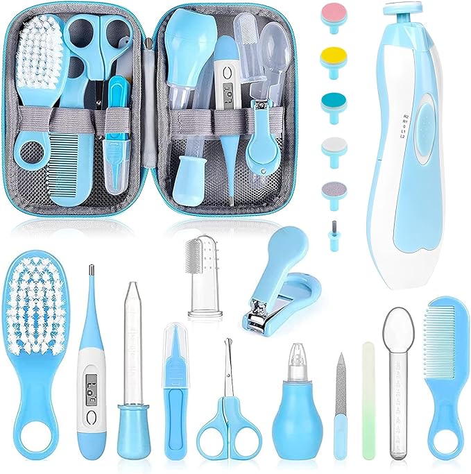 Baby Grooming Kit, Infant Safety Care Set with Hair Brush Comb Nail Clipper Nasal Aspirator,Baby Essentials Kit for Newborn Girls Boys (Blue-20 in 1)