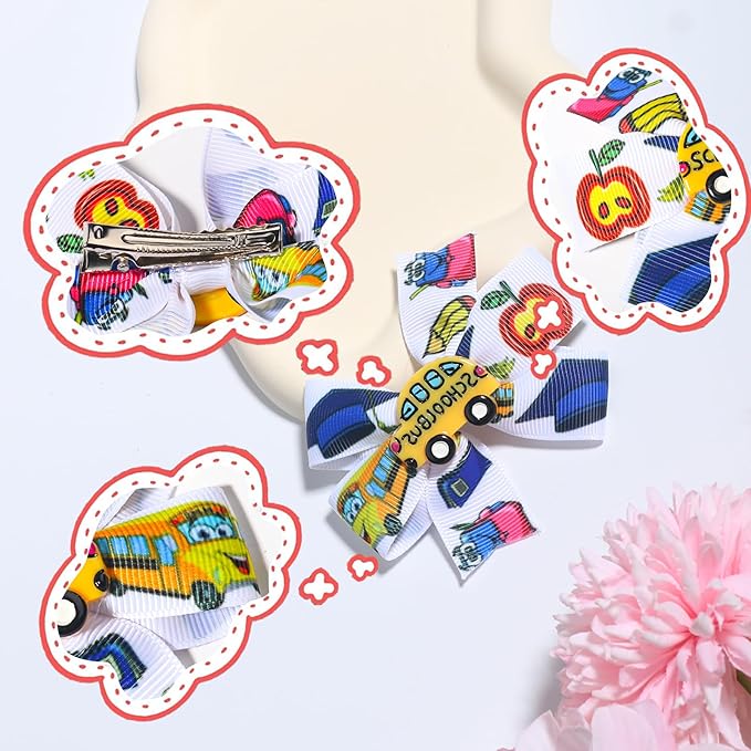 2Packs Back to School Bow Hair Clips School Bus Hair