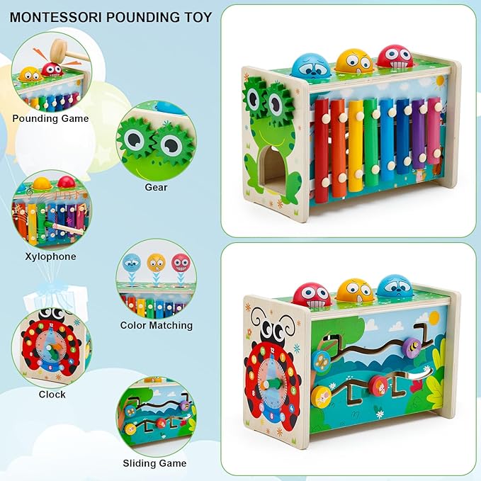 6-in-1 Pound A Ball Toy for Toddlers 1 2 3 - Hammering Pounding & Tapping Toy with Xylophone, Gear 1st Birthday