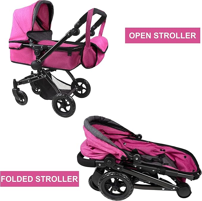 Fash n Kolor Baby Doll Stroller My First Foldable Doll Stroller in Denim Hot Pink Design, Bassinet Stroller with Baby Doll Adjustable Handle