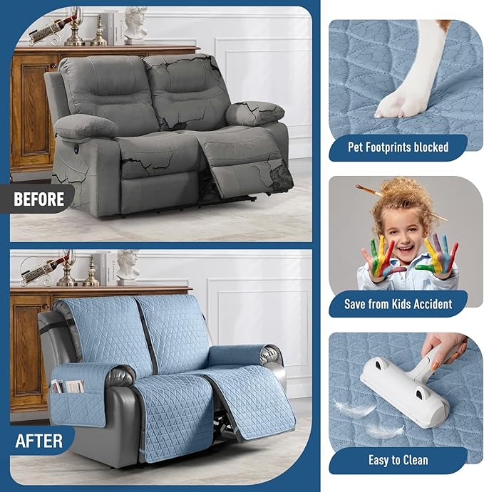 TAOCOCO 100% Waterproof Loveseat Recliner Cover-Recliner Cover with Non-Slip Granule, Recliner Chair Covers with Elastic Band,Washable Recliner Chair/Protector for Pets(Sky Blue, 2 Seater)