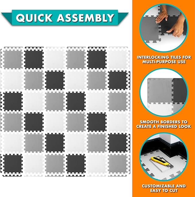 ProSource Foam Puzzle Floor Play Mat for Kids and Babies with Solid Colors, 36 or 16 Interlocking Tiles with Borders