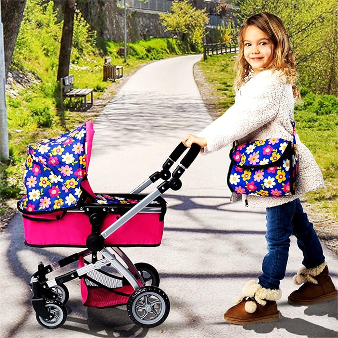 Fash N Kolor | Foldable Pram for Baby Doll with Flower Design with Swiveling Wheel Adjustable Handle Bassinet Stroller with Baby Doll, Convertible Seat