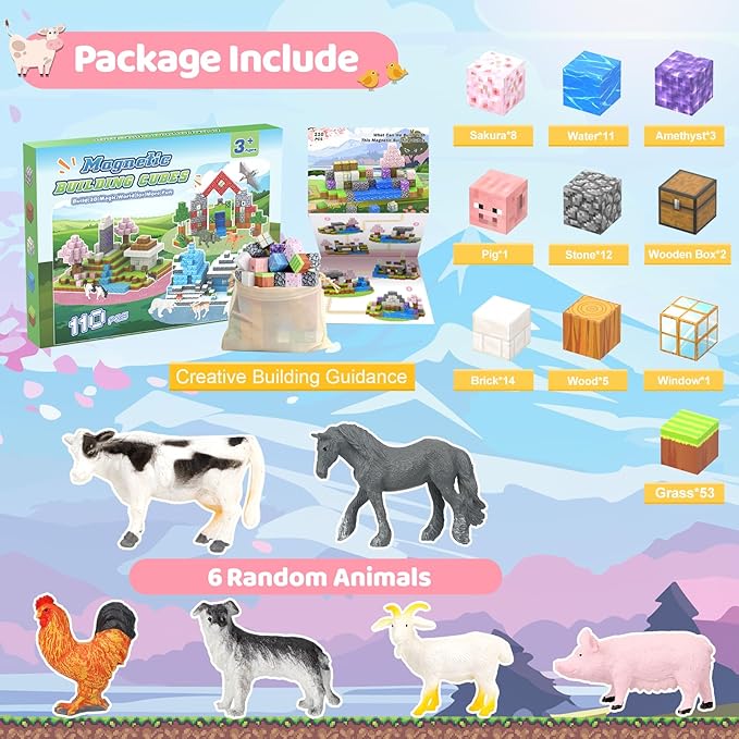 Magnetic Blocks 110PCS with 6 Animal Toys, Building Blocks Set, Toys for Boys & Girls Age 4-6,6-8, STEM Montessori Stacking Building Toys for Toddlers Kids 3+(Cherry & Animal)