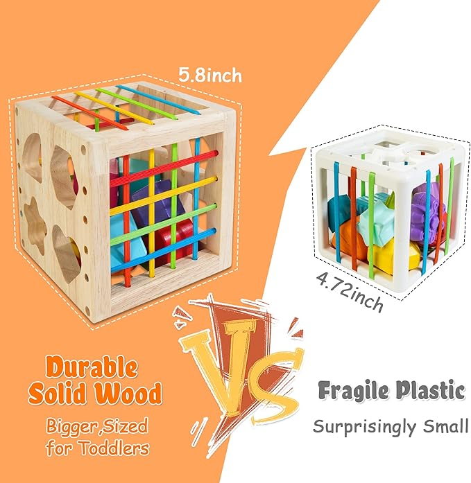 HELLOWOOD Montessori Toys for 1+ Year Old, Wooden Sorter Cube with 8pcs Rattling Shapes