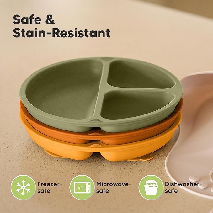 KeaBabies Suction Plates for Baby, Toddler - 3-Pack 100% Silicone Toddler Plates, Divided Baby Plates with Suction, Silicone Plates for Baby, Kids, BPA-Free, Microwave, Dishwasher Safe (Harvest)