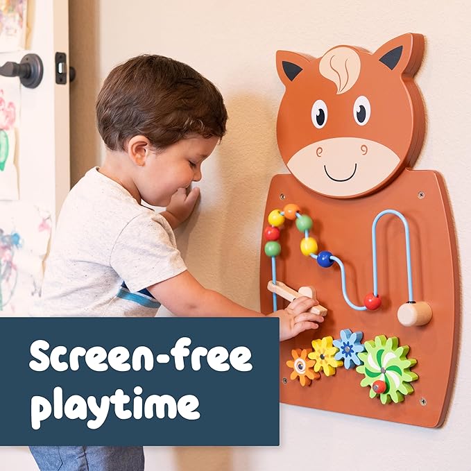 SPARK & WOW Horse Activity Wall Panel - Ages 18m+ - Montessori Sensory Wall Toy - 2 Activities - Busy Board - Toddler Room Décor