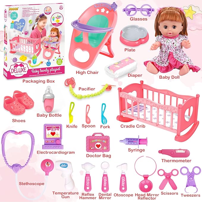 Baby Doll Toys Set, 14" Doll Toys 25Pcs Doll 3 4 5 6+
