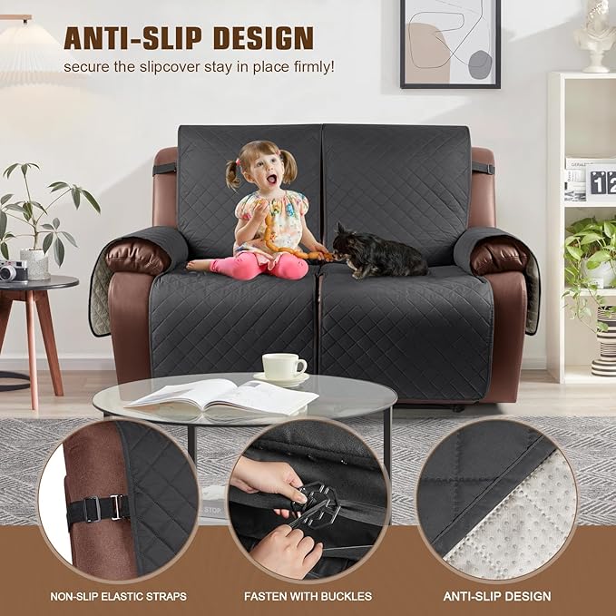 KinCam Waterproof Loveseat Recliner Cover, Non-Slip Reclining Couch Covers for 2 Seat, Recliner Sofa Cover Furniture Protector with Elastic Straps for Kids, Pets, Charcoal Gray