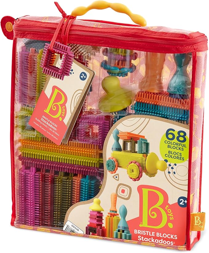 B. toys- Bristle Block Stackadoos - Building Blocks for Kids – Developmenal Toy-68 Blocks in a Storage Pouch 2 years