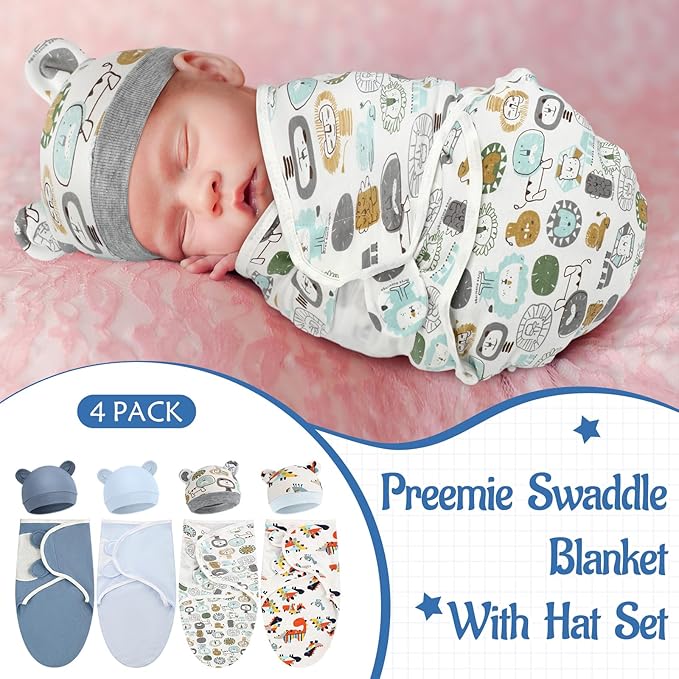 Buryeah 4 Pack Preemie Swaddle Blanket Wrap Set with Hat for Baby Boys Girls 3-7 Lbs Preemie Newborn Clothes Sleepers Cap