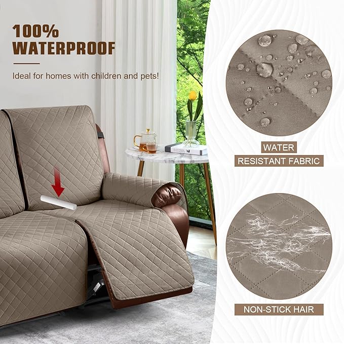 KinCam Waterproof Loveseat Recliner Cover, Non-Slip Reclining Couch Covers for 2 Seat, Recliner Sofa Cover Furniture Protector with Elastic Straps for Kids, Pets, Taupe