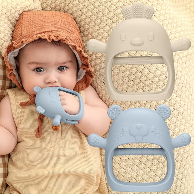 2 Packs Baby Teething Toys Silicone Teething Mittens for Infants 3 Months+, Never Drop & Easy to Hold Teethers