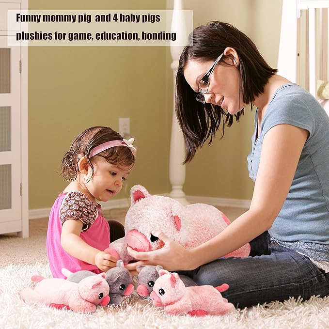 IKASA Mommy Pig Stuffed Animal Mom and Baby Plush Toy,Cute 16" Soft Small Fluffy Mama Family Set Toy with Little Mini Babies