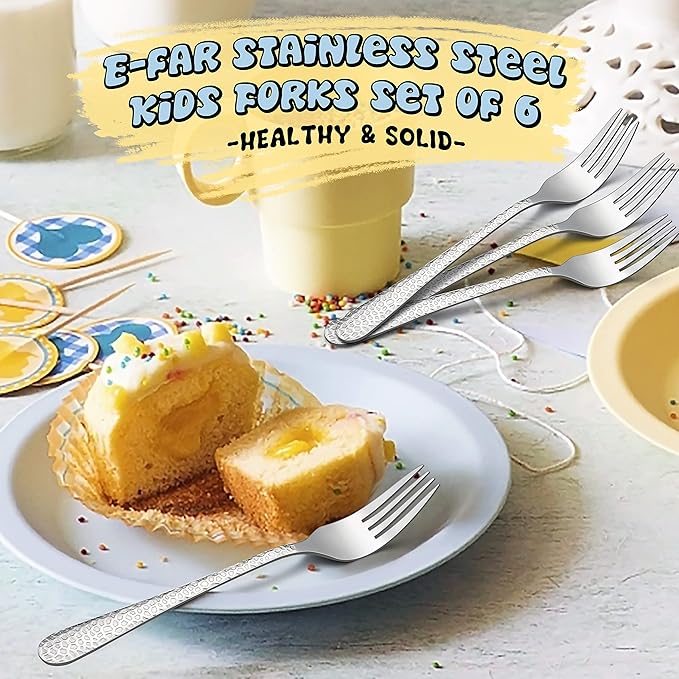 E-far Stainless Steel Kids Forks, 6-Piece Toddlers Forks Safe for Preschooler/Children, Hammered Adult look & Small Size, Rust Free & Dishwasher Safe