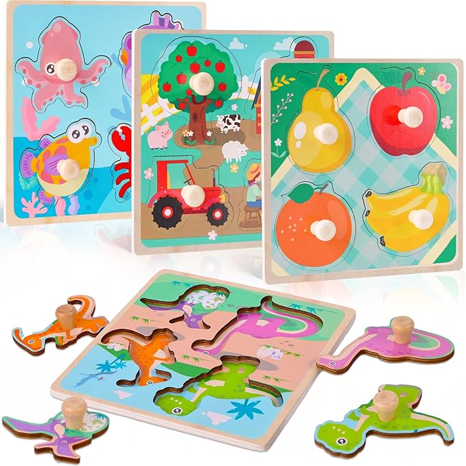 LovesTown 4PCS Wooden Peg Puzzles, Knob Puzzles with Handles Puzzles