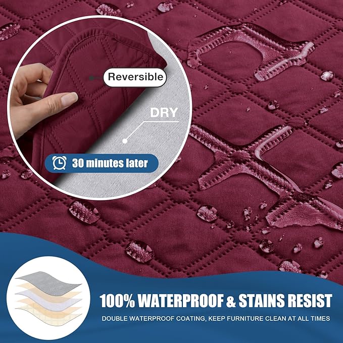 TAOCOCO 100% Waterproof Recliner Covers, Recliner Sofa Covers with Leg Straps, Reversible Recliner Couch Cover for Reclining Chair, Washable Couch Protector for Pets Kids(1 Seater 28", Wine)
