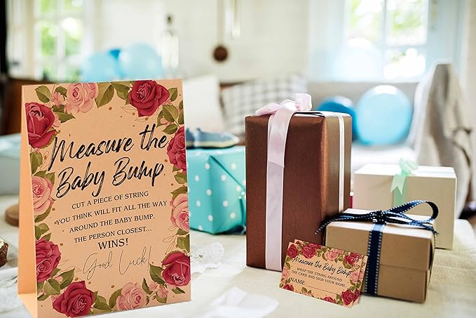 1 Measure the Baby Bump Kraft Sign & 50 Guessing Cards Set, Gender Neutral Baby Shower Games/075KF