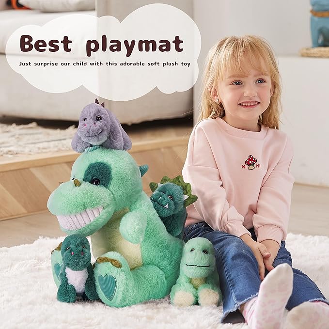 IKASA Mommy Dinosaur Stuffed Animal Mom and Baby Plush Toy,Cute 14" Soft Small Mama Family Set Toy with Little Mini Babies