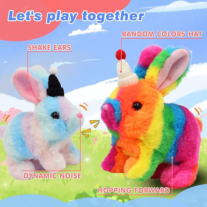 Hopearl Hopping Rabbit with Hat Interactive Electronic Pet Plush Bunny Toy with Sounds and Movements Animated Walking Wiggle Ears Twitch Nose Gift for Toddlers Birthday, Rainbow 7''
