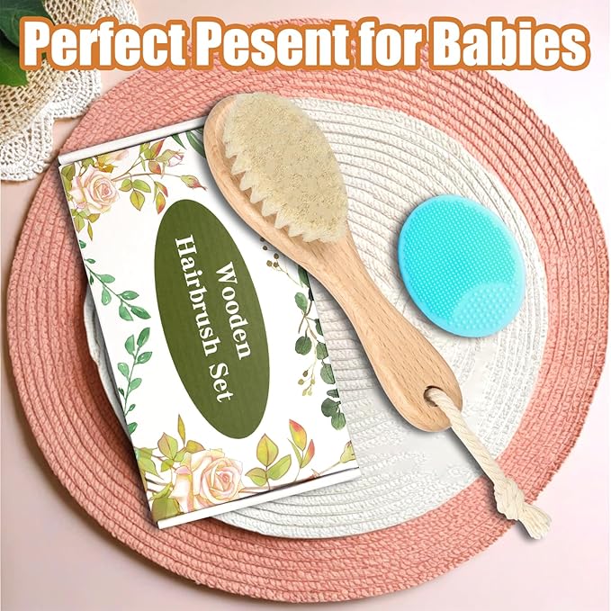 Wooden Soft Goat Bristles Brush with Baby Silicone Hair Scrubber Cradle Cap Brush for Newborns, Toddlers, Infant, Baby Hair Care Kit (Green)