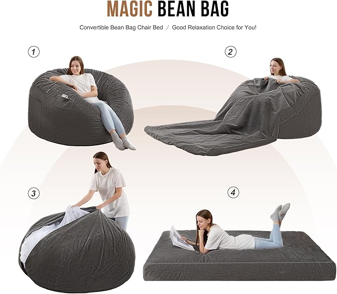Homguava Corduroy Bean Bag Chair, Variable Shape from Bean Bag to Matress, Convertible Beanbag Chair for Home, Living Room(Grey, Queen)