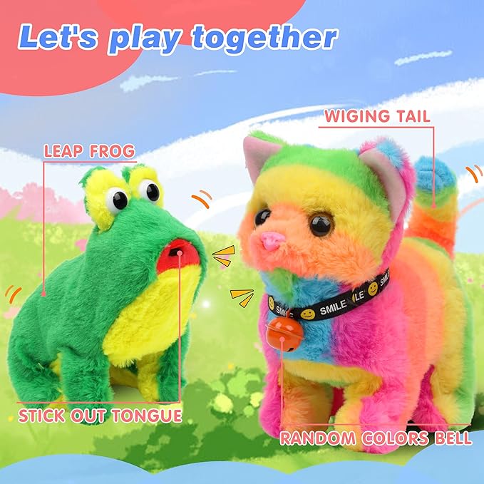 Hopearl Walking Cat Interactive Electronic Pet Plush Kitty Toy with Sounds and Movements Animated Meow Shake Head Wiggle Tail Gifts for Toddlers Birthday, Rainbow 7''