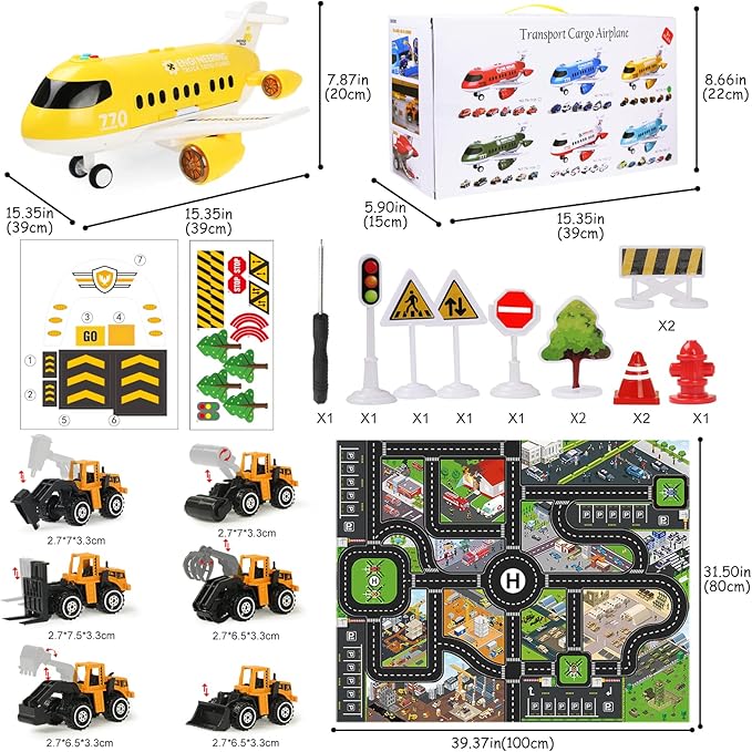 Hapavis Airplane Toys with Construction Truck Engineering Vehicle Play Mat