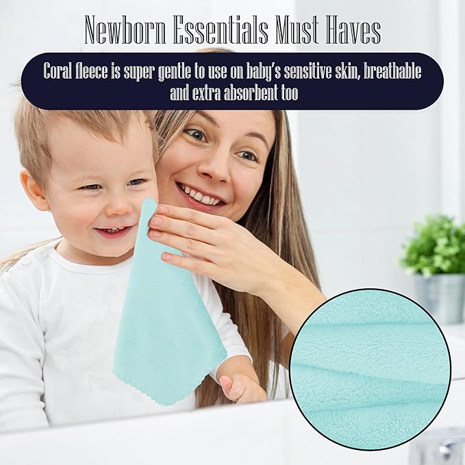 16 Pack Baby Washcloths - Luxury Coral Fleece Blue,10x10 Inch