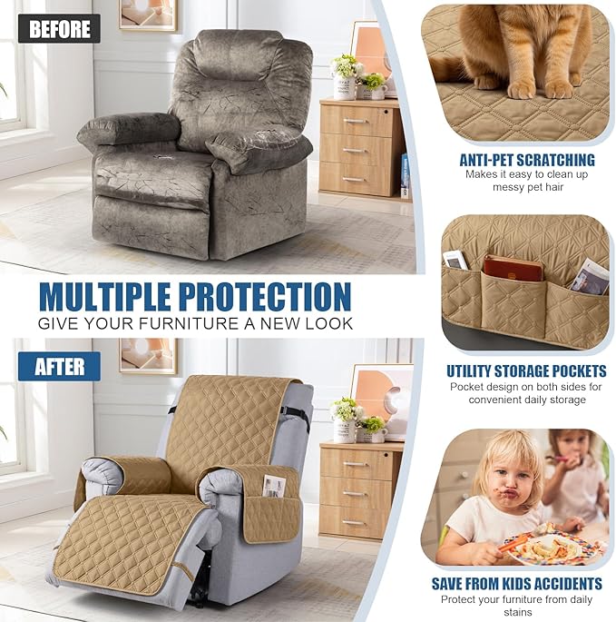 TAOCOCO 100% Waterproof Recliner Covers, Recliner Sofa Covers with Leg Straps, Reversible Recliner Couch Cover for Reclining Chair, Washable Couch Protector for Pets Kids(1 Seater 22", Camel)