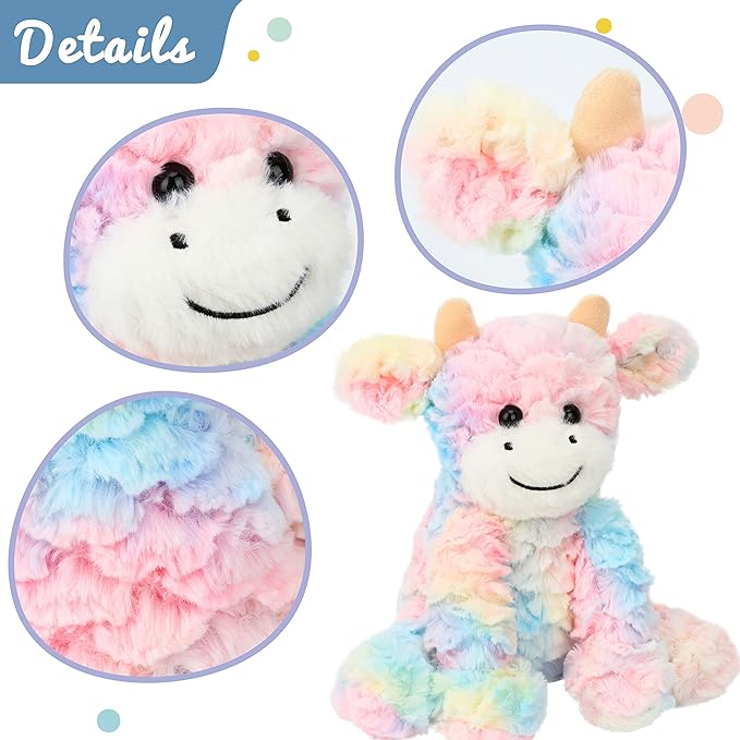 Hopearl Adorable Plush Cow Toy Colorful Floppy Dairy Cattle Soft Stuffed Animal Cute Birthday for Boys Girls Kids Toddlers, Rainbow 9''