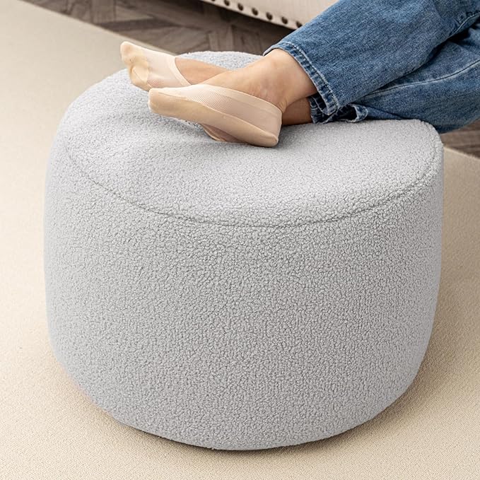 Round Pouf Ottoman 20 x 20 x 14 Inches Boho Poof Home Decor Floor Pouffe Ottoman Foot Rest for Couch Sofa Bean Bag Ottoman Chairs Living Room Bedroom Quiet Grey