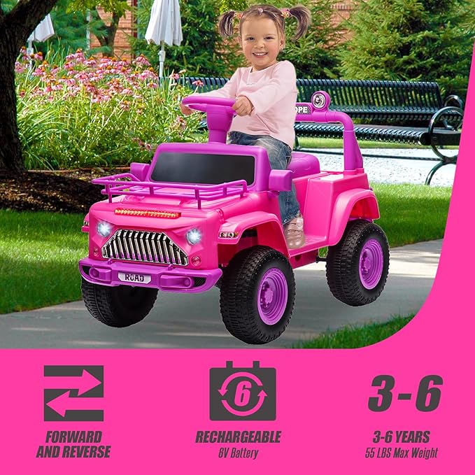 Hetoy 6V Ride On Car for Toddlers - Battery Powered Electric Car for Kids with Music, LED Light 4 Wheels 3-6 Years,